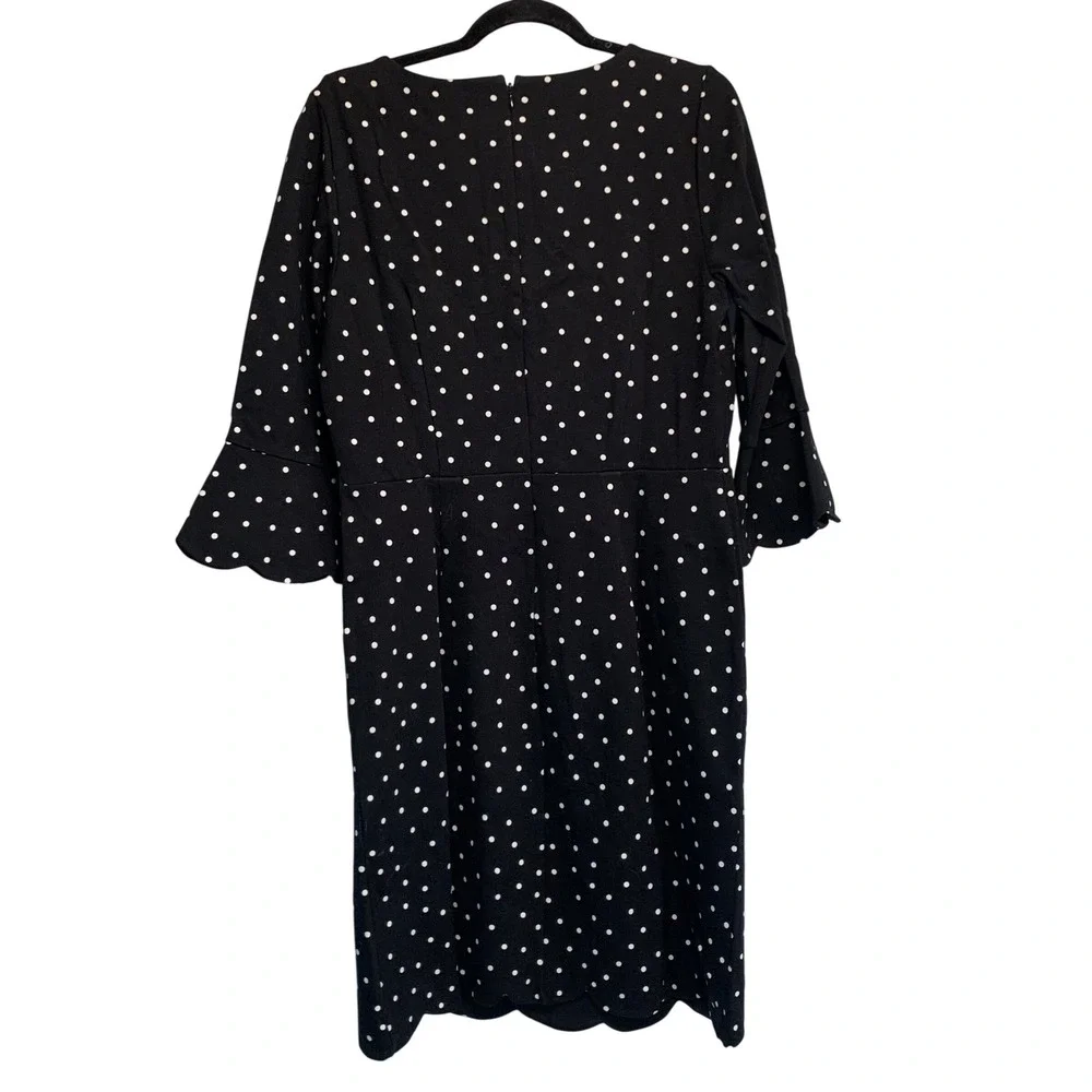 Talbots Polka Dot Dress 8 Black White Bell Sleeve Scalloped Hem Sheath Classic
